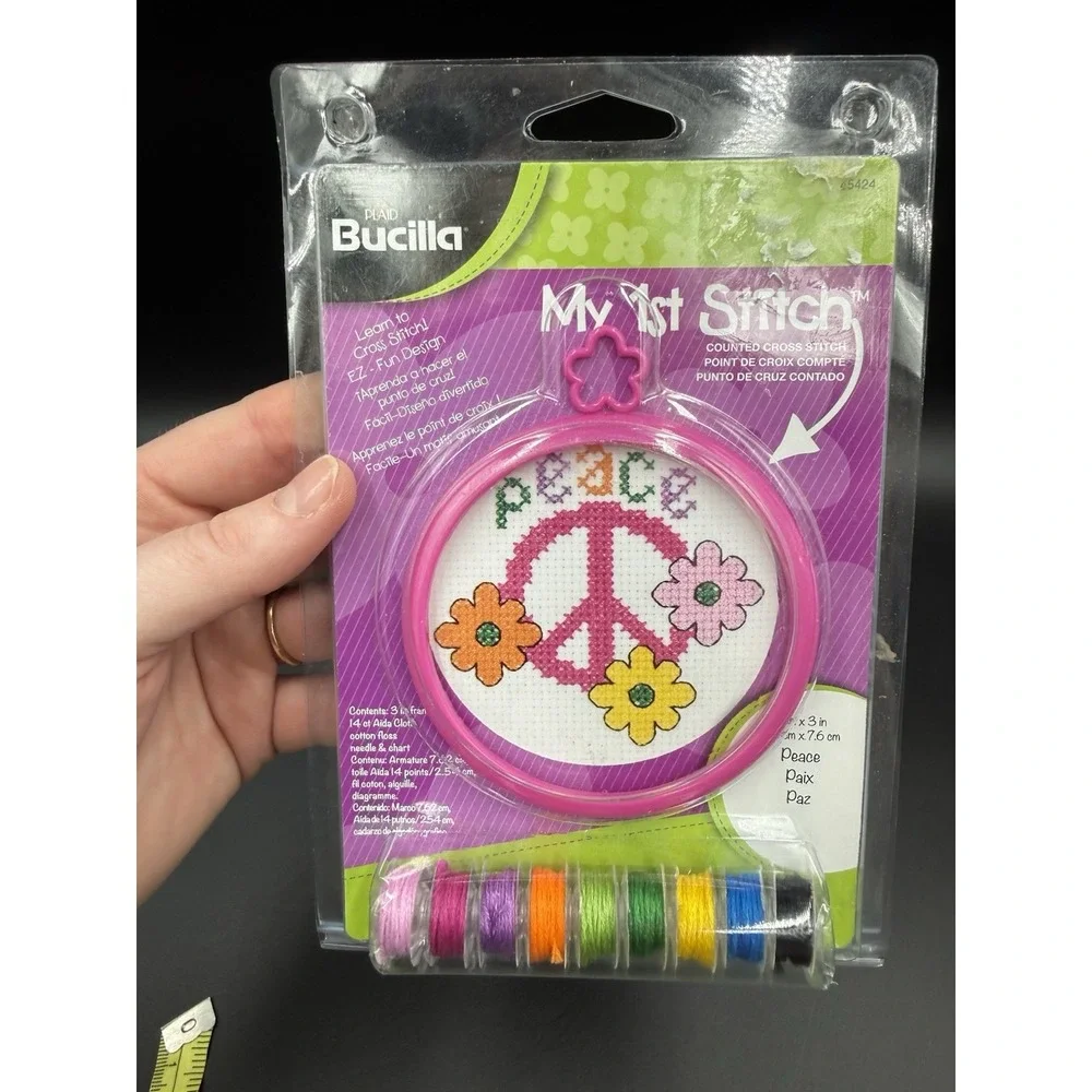 Bucilla My 1st Stitch Peace Sign Counted Cross Stitch Kit Pink Frame 45424 NWT